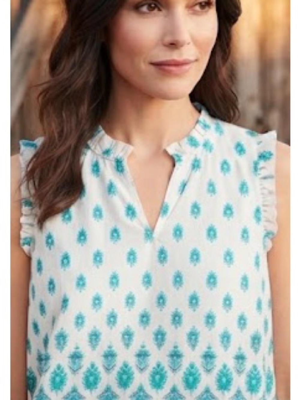 Talbot’s White and Teal Floral-Print Ruffle Sleevees Camisole